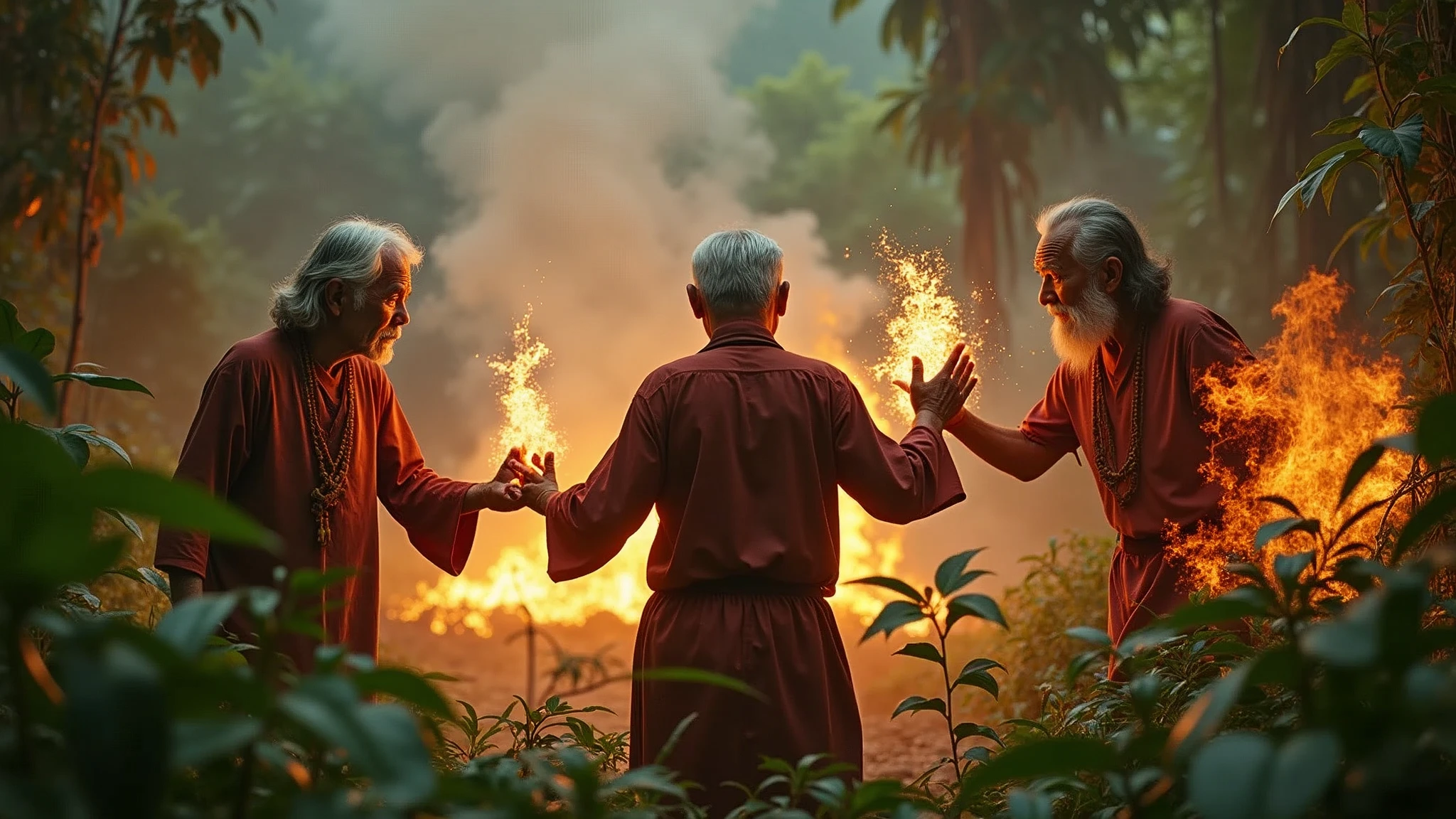 Three elderly Indonesian men fight magic in the jungle during a fire 8k