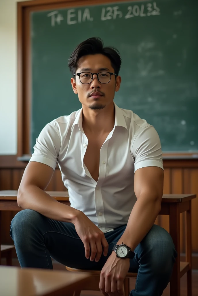 Vietnamese gentleman, 25 years old,super big breasts ,teacher,shiny tight clothes, tanned skin,clean shave,Handsome and elegant,wear glasses, sexy , Masculine and handsome,musculous,Muscles look good,,, Full body photo,(ultra-detailed, photorealistic, best quality, 4k, 8k, highres, masterpiece:1.3), a mature man, charming and distinguished , (muscular build body), wearing tailored shiny dress light colored shirt, sweat, unbutton buttons shirt, lewd face ,tight chest, sex,See-through shirt, erotic, horny, , Accessories include a luxury wristwatch, in the Classroom,looking at viewer,muscle veins,no underwear ,Tight shirt makes muscle,unbutton,six pack,squat,view from below