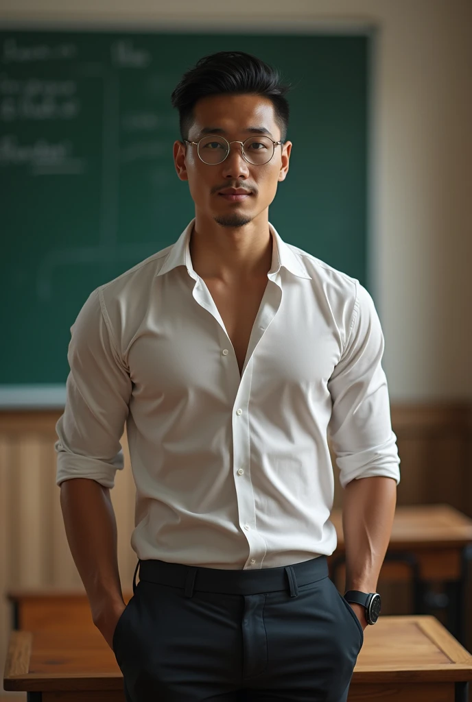 Vietnamese gentleman, 25 years old,super big breasts ,teacher,shiny tight clothes, tanned skin,clean shave,Handsome and elegant,wear glasses, sexy , Masculine and handsome，musculous，Muscles look good,,, Full body photo,(ultra-detailed, photorealistic, best quality, 4k, 8k, highres, masterpiece:1.3), a mature man, charming and distinguished , (muscular build body), wearing tailored shiny  dress light colored shirt,  sweat, unbutton buttons shirt, lewd face ,tight chest, sex,See-through shirt, erotic, horny, , Accessories include a luxury wristwatch, in the Classroom‎,looking at viewer,muscle veins,no underwear ,Tight shirt makes muscle,unbutton,six pack,squat,view from below