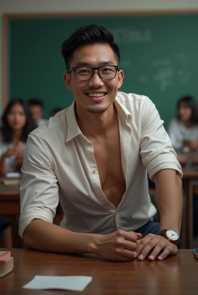 Vietnamese gentleman, 25 years old,super big breasts ,teacher,shiny tight clothes, tanned skin,clean shave,Handsome and elegant,wear glasses, sexy , Masculine and handsome,musculous,Muscles look good,,, Full body photo,(ultra-detailed, photorealistic, best quality, 4k, 8k, highres, masterpiece:1.3), a mature man, charming and distinguished , (muscular build body), wearing tailored shiny dress light colored shirt, sweat, unbutton buttons shirt, lewd face ,tight chest, sex,See-through shirt, erotic, horny, , Accessories include a luxury wristwatch, in the Classroom,looking at viewer,muscle veins,no underwear ,Tight shirt makes muscle,unbutton,six pack,squat,view from below