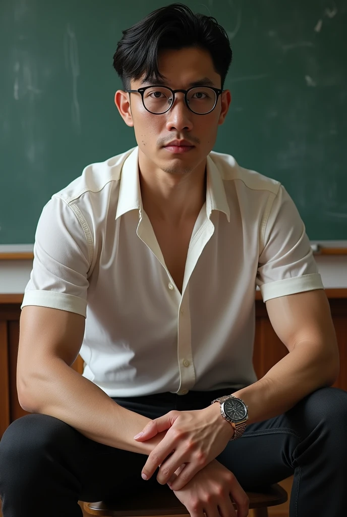 Vietnamese gentleman, 25 years old,super big breasts ,teacher,shiny tight clothes, tanned skin,clean shave,Handsome and elegant,wear glasses, sexy , Masculine and handsome，musculous，Muscles look good,,, Full body photo,(ultra-detailed, photorealistic, best quality, 4k, 8k, highres, masterpiece:1.3), a mature man, charming and distinguished , (muscular build body), wearing tailored shiny  dress light colored shirt,  sweat, unbutton buttons shirt, lewd face ,tight chest, sex,See-through shirt, erotic, horny, , Accessories include a luxury wristwatch, in the Classroom‎,looking at viewer,muscle veins,no underwear ,Tight shirt makes muscle,unbutton,six pack,squat,view from below
