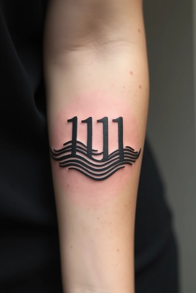 Simple minimalistic all black tattoo combining 11:11 and waves, more
