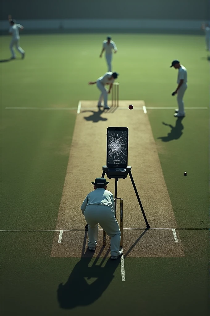 "Create an image showing a broken phone placed on a tripod inside a cricket pitch’s bowling box. The entire cricket pitch should be visible, including the bowler delivering a ball, the wicketkeeper behind the stumps, and a batsman facing the delivery."