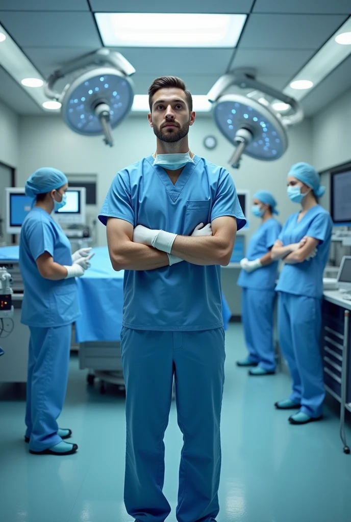 A scene showing a newly graduated doctor in a modern operating room, dressed in scrubs, gloves, and a surgical mask. The doctor looks determined and focused, surrounded by medical equipment and a team of nurses preparing for surgery.