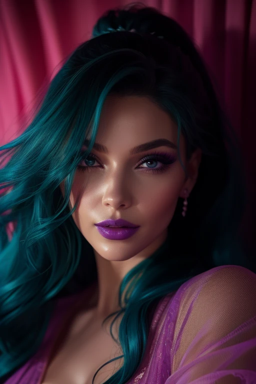 In a cinematic setting, The charming 38-year-old model stands in a wide-angle shot, her entire figure is visible from above. long, her lush turquoise hair falls over her shoulders, when she looks directly at the viewer.. Her charming purple lips curve into an alluring smile.., adorned with avant-garde makeup, emphasizing the eyes, cheekbones, and lips. Pink mesh dressing gown Victoria's Secret., Mesh leggings, and the high heels create a sultry contrast against her ethereal background. The camera captures every tiny detail, from realistic, 8K Portrait and Volumetric Lighting, maximizing depth and volume. Her slender figure is shaped like an hourglass.., With beautiful, huge breasts, squeezed into a seductive cleavage, attracting the viewer's attention.