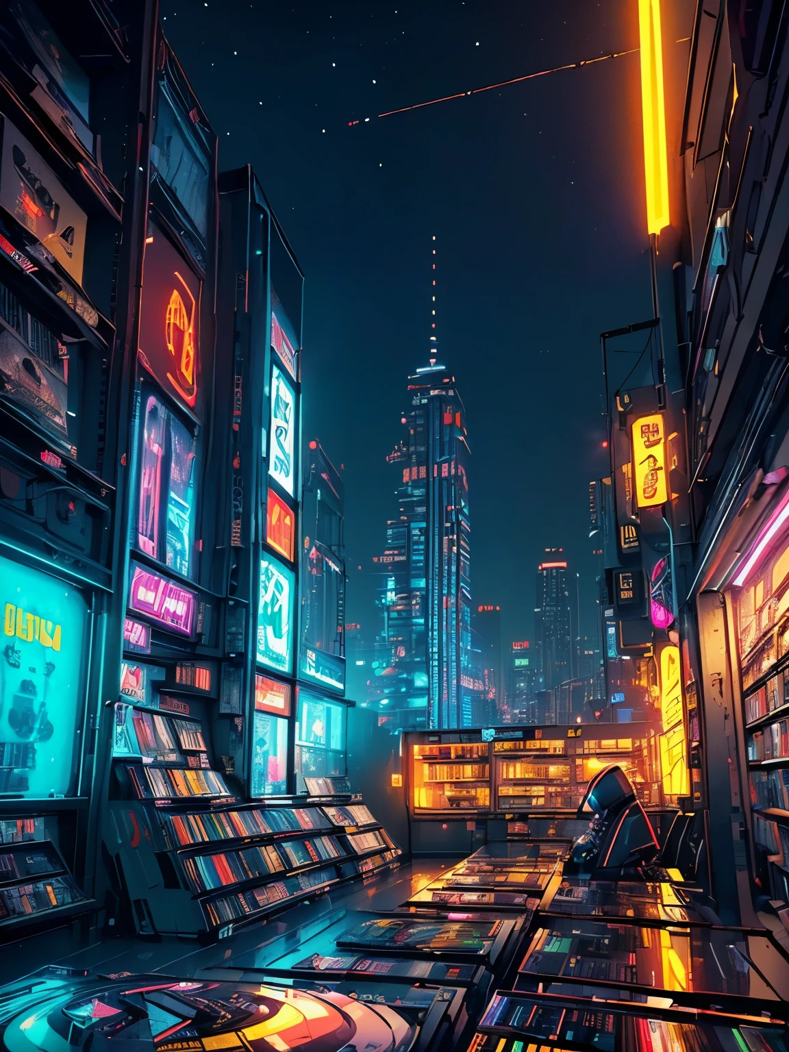 (((Masterpiece, top quality))), (((32K wallpaper))), ultra high resolution,(((unmanned))), (((Record Store))), Nostalgia, Panorama, Long Shot, (((Records on the shelf.))), (((Different angles))), (((cyber punk))), (((neon))),(((Front view))),(((night))), (((Straight))), (((Large windows)))