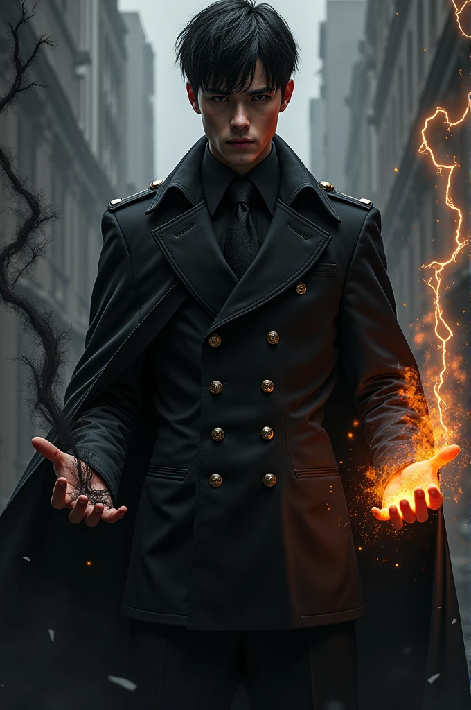 A young man wearing a black military suit, with a serious look, let black fire come out of his left hand and black lightning from his right hand. Let her hair fall slightly on her forehead in black color. Have a black cloak.