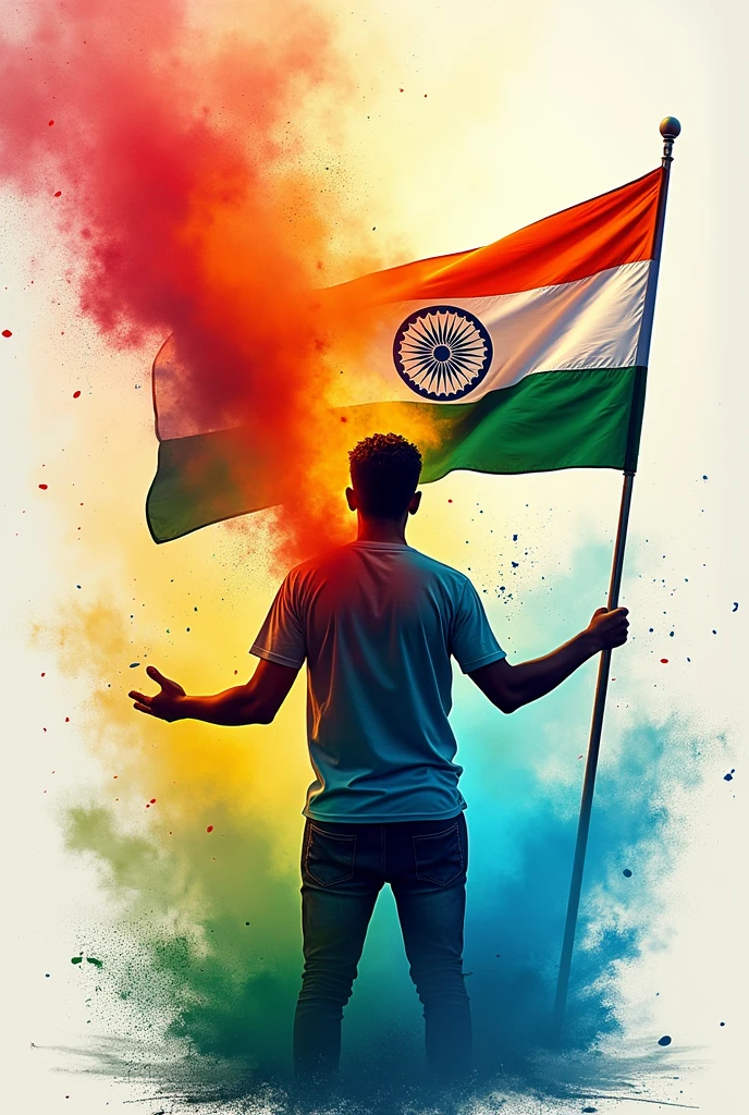 Independence Day T-ShirtBack Printed Naam Haidar
Tricolour flag in hand, gulal colour all around and a tricolour flag fluttering in front