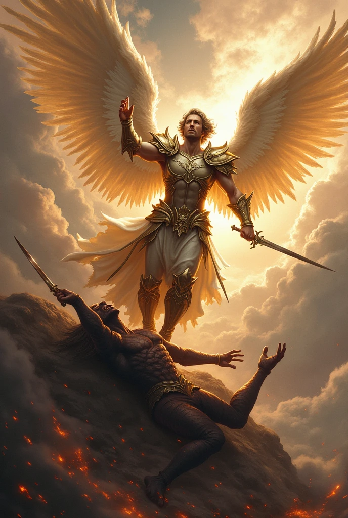 Archangel, miguel, defeated demon, angel with sword, demon trampled by angel, Archangel miguel,