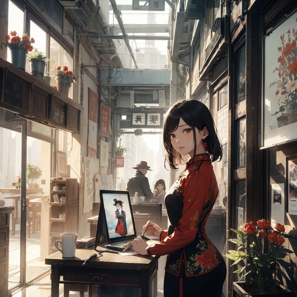Old Shanghai,Miss,cheongsam,poster,Outlook,flowers, office lady,