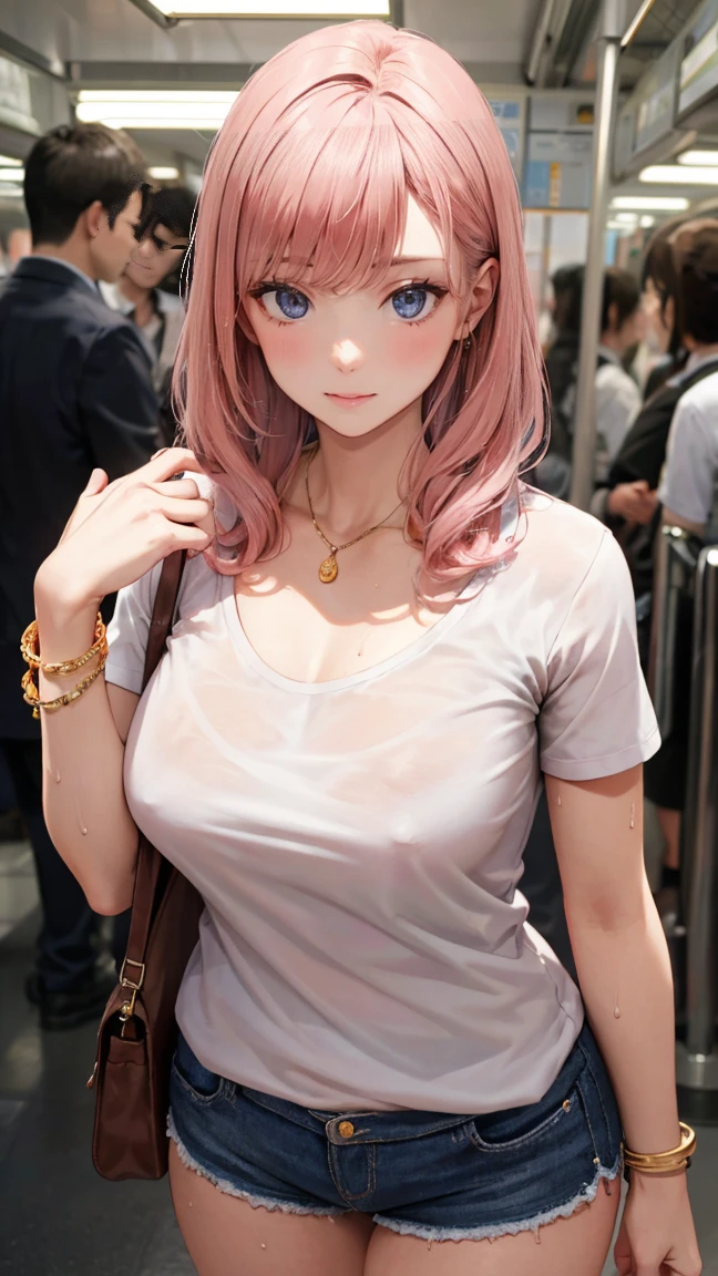 ((NSFW))、(masterpiece, Highest quality:1.3), (Super detailed:1.2), (hyperRealistic:1.3), (RAW Photos:1.2), High-definition RAW color photos, Professional photos, (PhotoRealistic:1.4), (Realistic:1.4), (Pink Hair:1.5), Professional Lighting, Perfect Anatomy, (Big Breasts:1.2), (blush, Detailed face),Earrings, necklace, Gold bracelet, (Slim body、Are thin、Model body type、Beautiful long legs)、Random sexy gravure poses, (White tight t-shirt、Open chest、Shorts、金のEarrings、:1.3)、To the tips of the feet、(((Sweat)))、((Sweatで濡れた肌、My hair is wet))、Double teeth、(smile)、(((Body odor)))、(((Bad body odor)))、((pubic hair))、(((Yamanote Line、crowded train)))、(((Love juice drips)))
