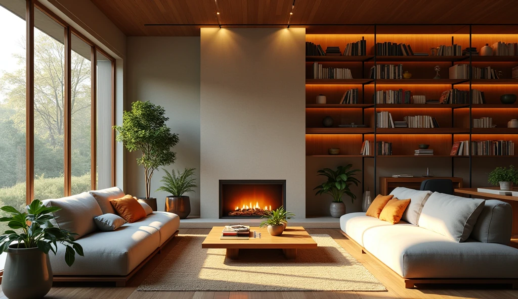 at night, a modern living room with fireplace, bookshelves, couches and large windows, in the style of vray tracing, organic and naturalistic compositions, cabincore, japanese-inspired, subtle luminosity, glazed surfaces, meticulous design. This image has 8K resolution. --ar 4:3,nature 8k