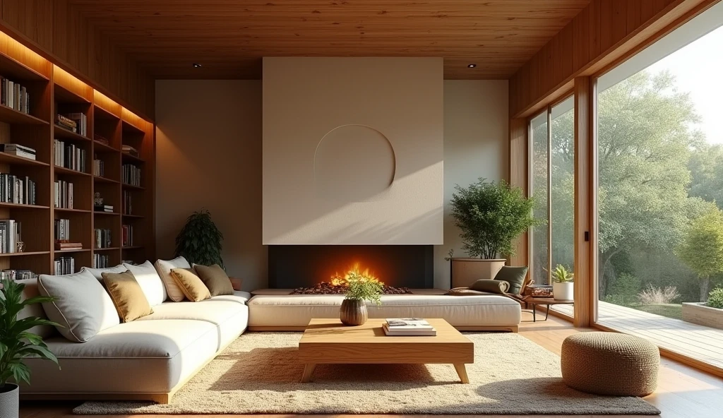 at night, a modern living room with fireplace, bookshelves, couches and large windows, in the style of vray tracing, organic and naturalistic compositions, cabincore, japanese-inspired, subtle luminosity, glazed surfaces, meticulous design. This image has 8K resolution. --ar 4:3,nature 8k