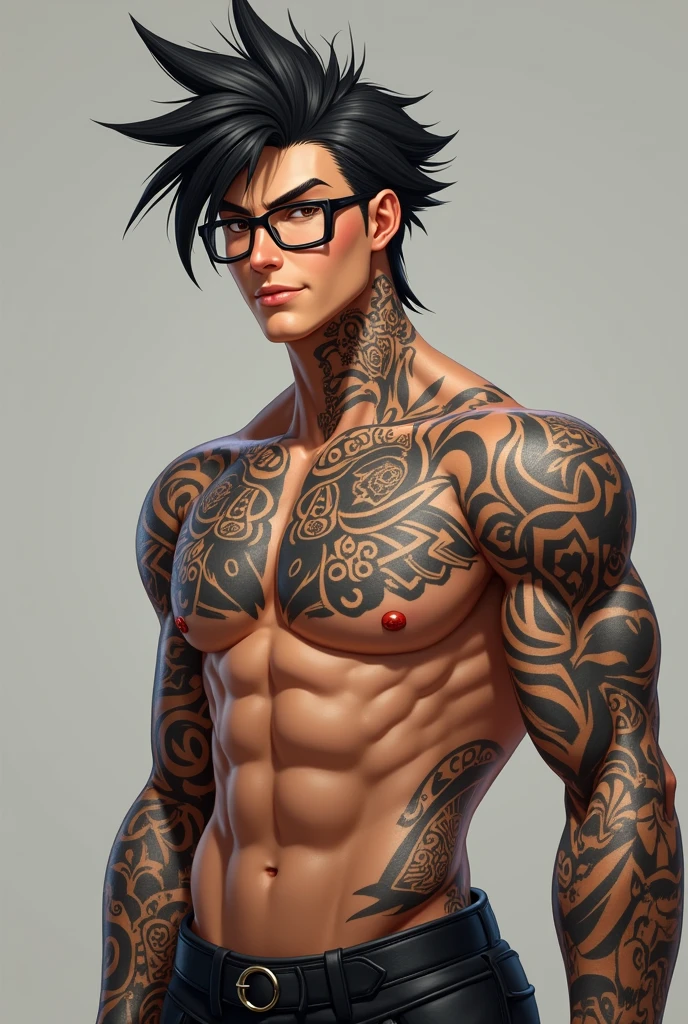Male gamer FF character, hair cut with lines on the sides, and wearing black glasses and smiling, shirtless with many tattoos