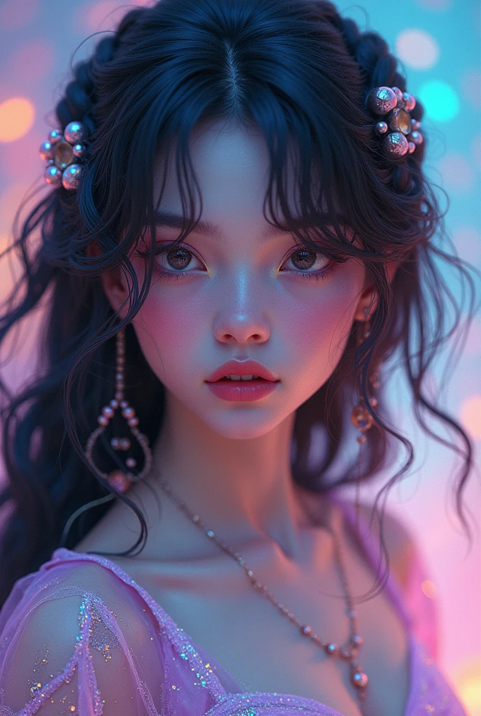 {Celestial hues, lofi, shiny aura, cute, black hair with braids, big pretty realistic eyes, solo, (((perfect pale skin tone, perfect flawless face))), highly detailed, holographic glowing motifs, geometric, perfect composition , beautiful, perfect eyes, full lips, 96k, best quality, full shot ))) (masterpiece, top quality, best quality, official art, beautiful and aesthetic:1.2), (1girl:1.3), extremely detailed,(fractal art:1.1),(colorful:1.1),highest detailed,(zentangle:1.2), (dynamic pose), (abstract background:1.5), (gradient dress:1.2), (shiny skin), (many colors:1.4), ,(earrings:1.4),