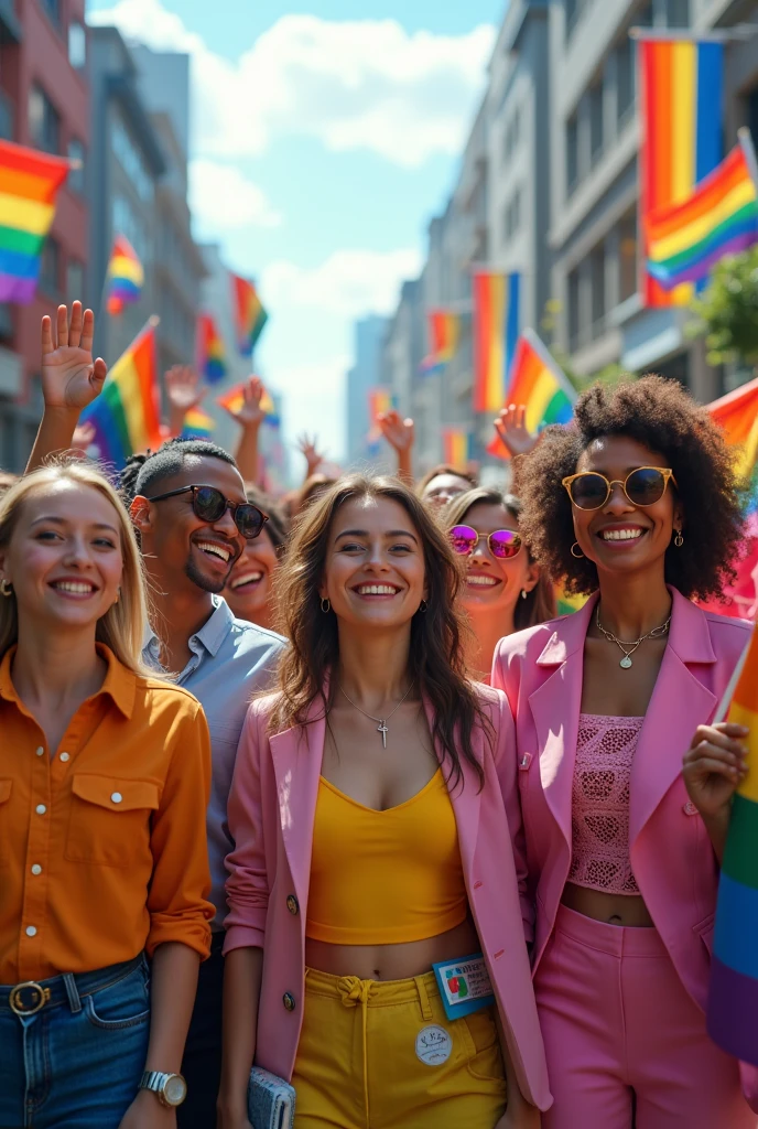 Create an image In this image, we see the diversity and beauty of people from the LGBTQ community.+ In Asia, who have come together to celebrate Pride Month. This image is full of bright colors and fun. Everyone is dressed in clothes that reflect their identity. The colors of the rainbow, which are a symbol of acceptance and pride. Everyone in the image expresses happiness and love for themselves and others. Some hold rainbow flags. Some wave and smile happily. In the background is a scene of a major Asian city decorated in rainbow colors. To show support and acceptance of sexual diversity. This image not only reflects the beauty of acceptance and support for the LGBTQ community.+ But it also emphasizes the importance of living together in a diverse and friendly society.