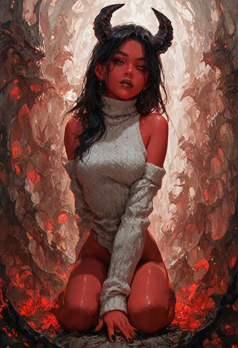 demon girl, red skin, sweater, medium breasts, t, hand above head, , hell back ground, black horns, demon horns, body , on knees