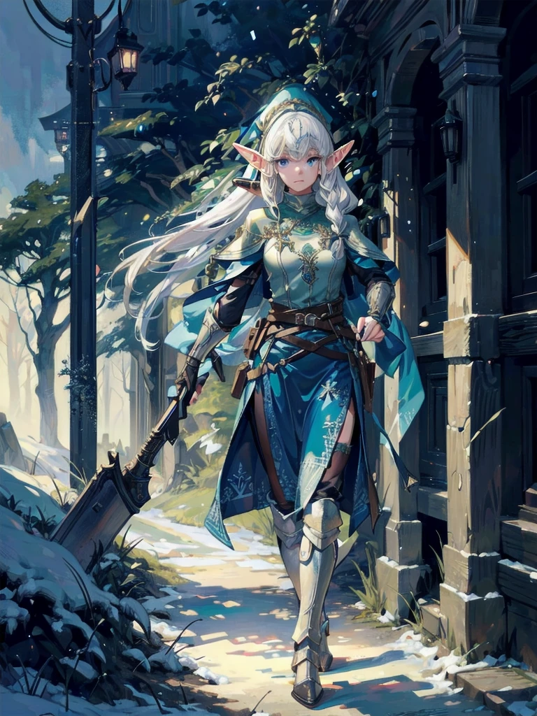 A scene unfolds with an elf girl wielding a shotgun in hand, her white hair and blue eyes shining amidst the mystical forest backdrop. She leads an expedition alongside a group of humans and dwarves, all clad in knight gear, (forest expedition), Dynamic pose, (shotgun in hand), (group of adventurers), (knight gear attire),(adventurous atmosphere), cell shading, 8k, cinematic dramatic atmosphere, Cinematic lighting, by Mikimoto Haruhiko, by Yoshitaka Amano. BREAK,
perfect face, details eye, ((elf:1.4)), (1girl), (hairstyle:1.6), (white hair), Plump lips, blue eyes, medium breast.