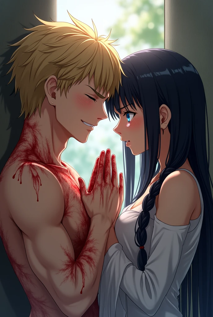 The guy is blond with a handsome muscular body, eyes closed, sad smile, Blood is running from his mouth, covered in blood, A girl with long black hair braided in a ponytail, crying, Blue eyes, anime art, masterpiece, good quality, An invisible wall separates them, they are trying to place their hands against this wall