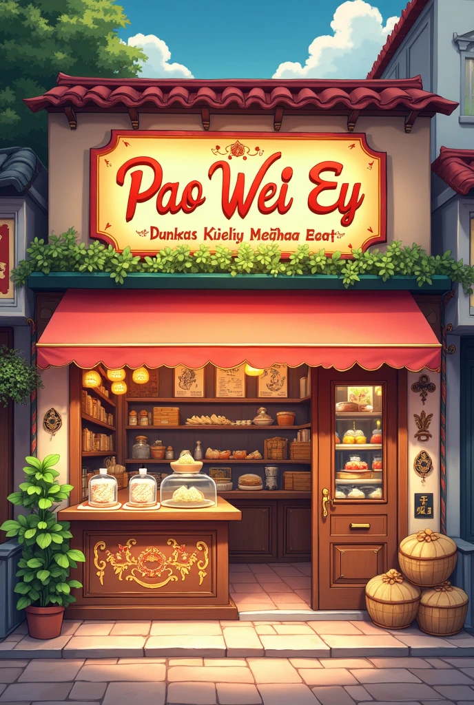 The shop name is 'Pao Wei Ey' with a background of dumplings and steamed buns. Please make it in anime style with the shop name 'Pao Wei Ey' in large Thai font.