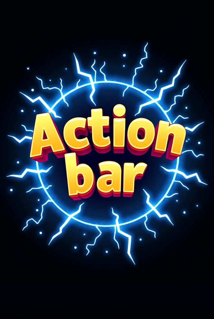 Text "Action bar" written like cartoon, while blue and white electricity flowing around the text in circle. Background is black.