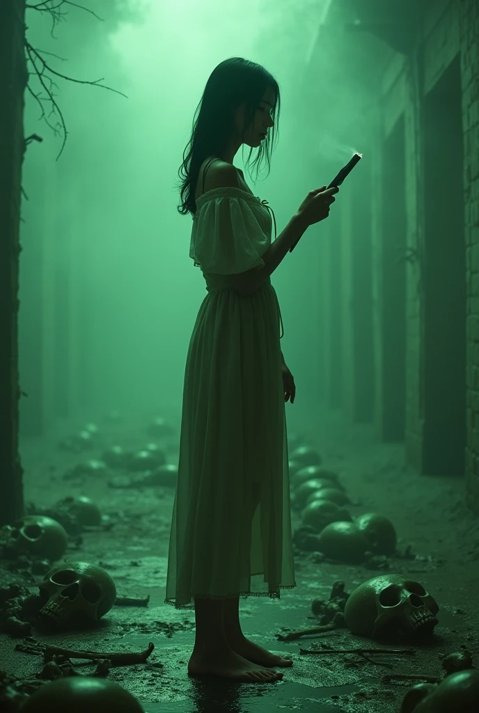 (RAW photo, realistic photo, high quality, masterpiece), Japanese beautiful woman stand in the heavy fog, she is holding a torch and turn the head back, dangerous, skeletons on the ground, green corrosive fluids on ground and body, (she wear worn tight dine dress only, corrosive fluid drop on her clothes, she is scared), she is looking back