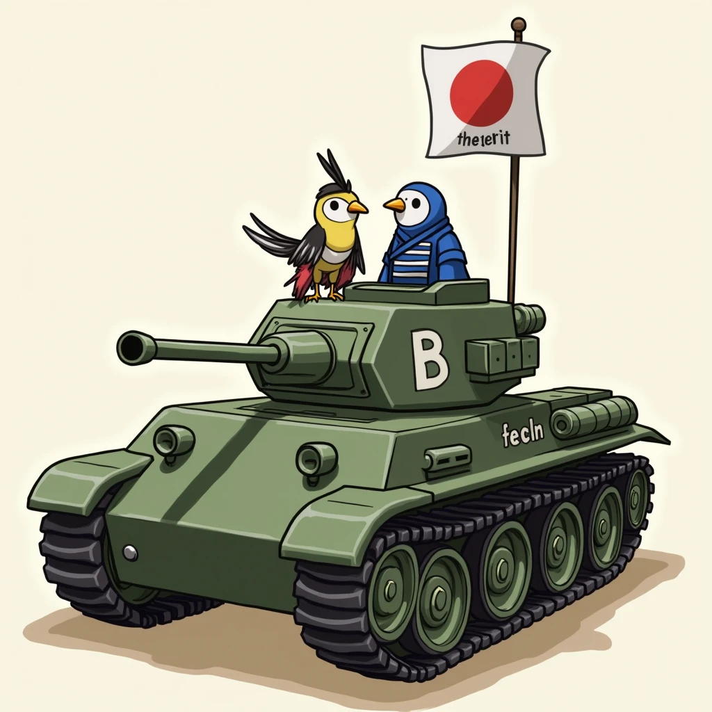 The tank is driven by a Shimaenaga (long-tailed tit) with a samurai's attire, wearing a white round, raised crest, and a Budgerigar in military uniform, completely blue with a white head.。The tank has a flag that reads 'festival' and 'Wano Country'