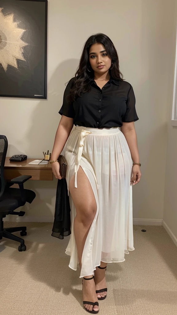 Office scene, A radiant, full-figured South Indian 35 year old aunty a cream colour chiffon skirt and black colour chiffon shirt, captured in a full-body image with vibrant hues and meticulous details. Full body image