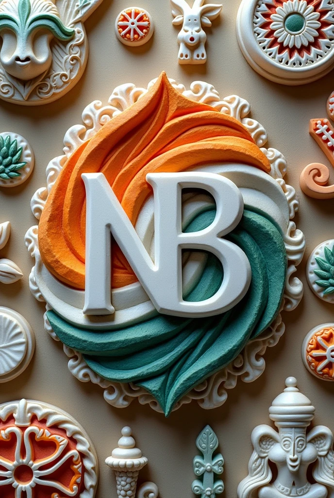 Write a logo with name "N B Marble Art' filled with Indian flag and back ground will be all type of white marble art items all small items inspiring Indian independence day
