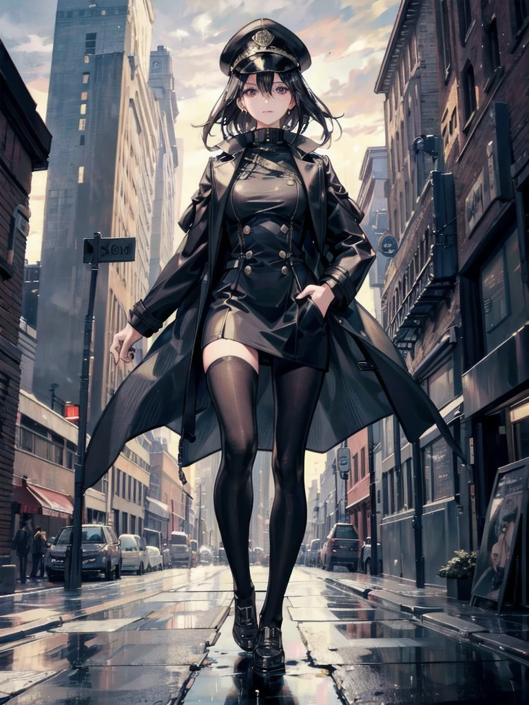 absurdres, RAW photo, extremely delicate and beautiful, masterpiece, Best Quality, ultra high resolution, 32k, hyper realistic, ultra-detailed, Very detailed CG 8k wallpaper, detailed background, landscape, Beautiful Lighting, Perfect Lightning, Realistic Shadows, perfect anatomy, anatomically correct, ideal ratio body proportions, perfect figure, Perfect Style, Perfect balance, super Detailed skin, in her 30s, very Slim body, narrow waist, very small head, very small face, delicate facial features, handsome detailed woman, very detailed eyes and face, realistic face proportions, Realistic beautiful face, Realistic beautiful eyes, tearful mole, earring, very huge round tits, medium short hair, asymmetrical hair, wavy hair, outdoor, black cap, black military uniform, black trench coat, long trench coat, wet clothes, hands in pockets, heavy rain, cloudy, standing,