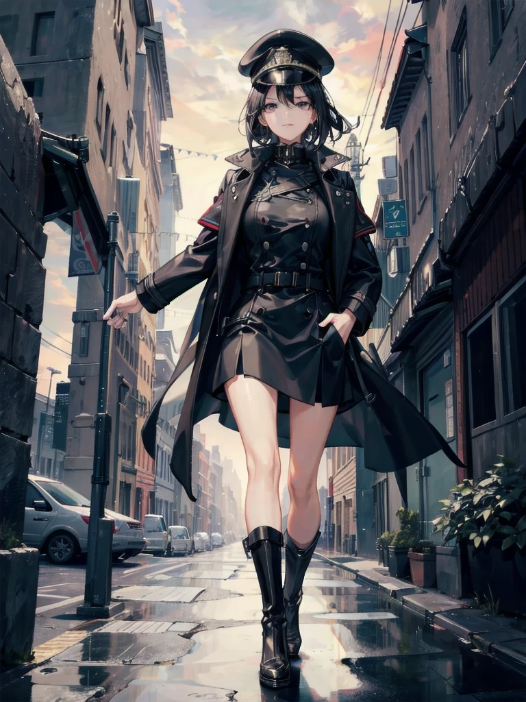 absurdres, RAW photo, extremely delicate and beautiful, masterpiece, Best Quality, ultra high resolution, 32k, hyper realistic, ultra-detailed, Very detailed CG 8k wallpaper, detailed background, landscape, Beautiful Lighting, Perfect Lightning, Realistic Shadows, perfect anatomy, anatomically correct, ideal ratio body proportions, perfect figure, Perfect Style, Perfect balance, super Detailed skin, in her 30s, very Slim body, narrow waist, very small head, very small face, delicate facial features, handsome detailed woman, very detailed eyes and face, realistic face proportions, Realistic beautiful face, Realistic beautiful eyes, tearful mole, earring, very huge round tits, medium short hair, asymmetrical hair, wavy hair, outdoor, black cap, black military uniform, black trench coat, long trench coat, wet clothes, hands in pockets, heavy rain, cloudy, standing,