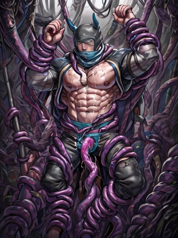 Superhero, hero, strong and robust male, Armor, Tentacle entanglement, uniform, Binding hands togethe, Foreign object invasion, monster breeding, wet, slime, tentacles, slimy tentacles, monster and human breeding, Tentacles wrapped around the body, Insert tentacles into the body, Blocked mouth by tentacles, Both hands are bound, The reproductive organs are covered in tentacles, The chest was torn apart by tentacles, Tentacles penetrate deep into clothes, Wearing pants completely, Complete wearing of trousers