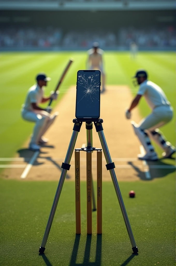 "Create an image showing a broken phone placed on a tripod where the bowler usually stands inside a cricket pitch’s bowling box. The entire cricket pitch should be visible, with a wicketkeeper behind the stumps, a batsman ready to face the ball, and the bowler’s position replaced by the tripod and broken phone."