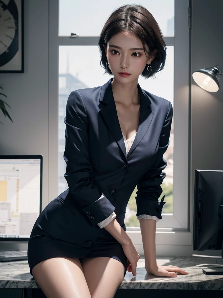 absurdres, RAW photo, extremely delicate and beautiful, masterpiece, Best Quality, ultra high resolution, 32k, hyper realistic, ultra-detailed, Very detailed CG 8k wallpaper, detailed background, landscape, Beautiful Lighting, Perfect Lightning, Realistic Shadows, perfect anatomy, anatomically correct, ideal ratio body proportions, perfect figure, Perfect Style, Perfect balance, super Detailed skin, in her 10s, very Slim body, narrow waist, very small head, very small face, delicate facial features, handsome detailed woman, very detailed eyes and face, realistic face proportions, Realistic beautiful face, Realistic beautiful eyes, tearful mole, earring, (very huge round tits), medium short hair, asymmetrical hair, wavy hair, clavicle, (blazer), (collared shirt), dress shirt, button shirt, bare legs, whole legs, office lady suit,