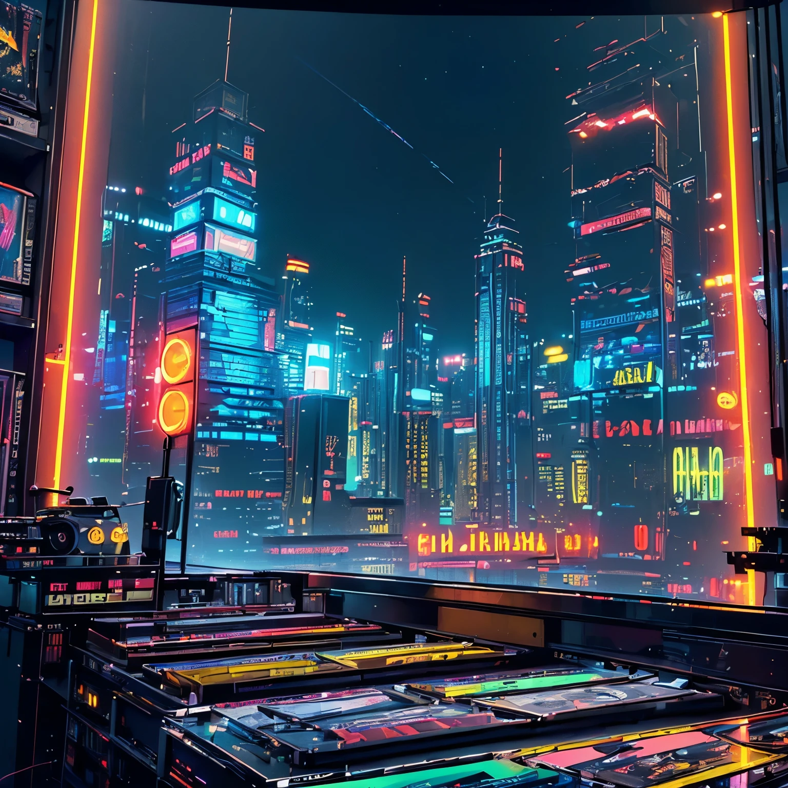 (((Masterpiece, top quality))), (((32K wallpaper))), ultra high resolution,(((unmanned))), (((Record Store))), Nostalgia, Panorama, Long Shot, (((Records on the shelf.))), (((Different angles))), (((cyber punk))), (((neon))),(((Front view))),(((night))), (((Straight))), (((Large windows)))