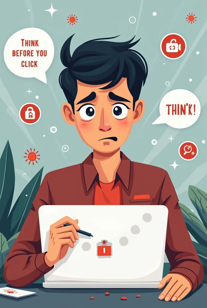A person click a suspicious link
Show what he clicks
Add a bubble that he's thinking
Add an ap icons on the side of the image
Add some virus design and a qoute saying "Think before you click"
