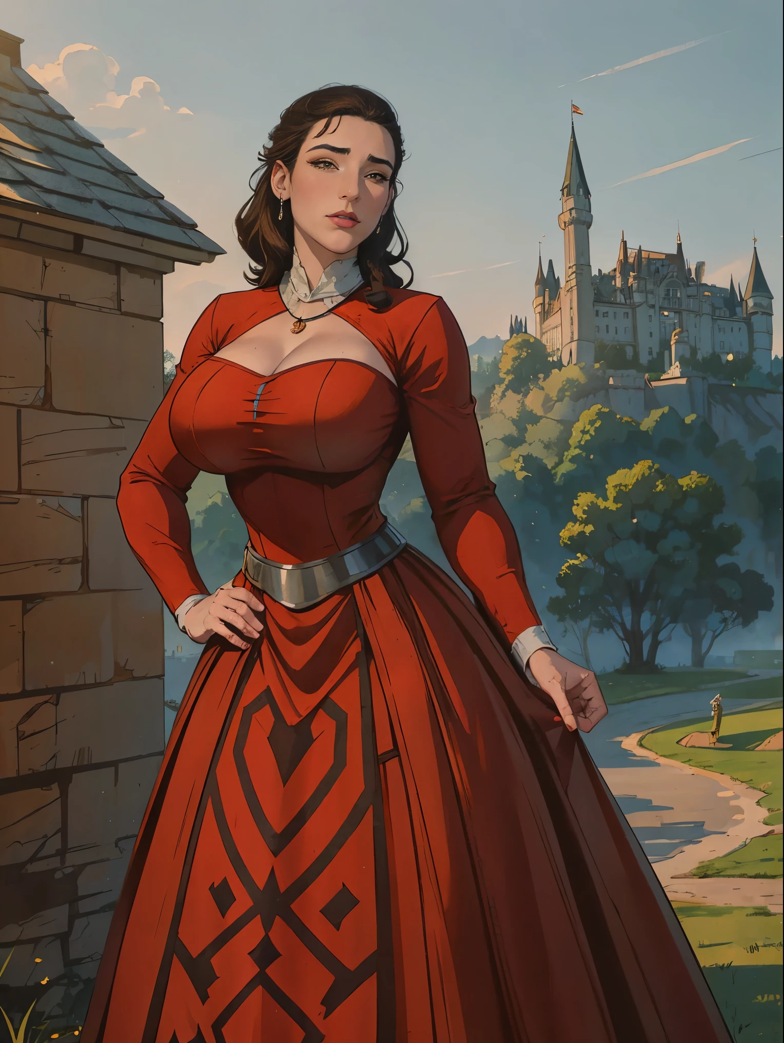 Gorgeous and sultry busty athletic (thin) brunette queen with sharp facial features wearing a modest updo, dark red medieval dress, long sleeves, intricate patterns, scrollwork, wide neck, crown, veil, long dress, modest dress, tight bodice, (silver waist chain), medieval jewelry, Middle Ages, castle, rampart, wall, exterior, on top of a castle wall, trees, countryside, evening, sunset. 