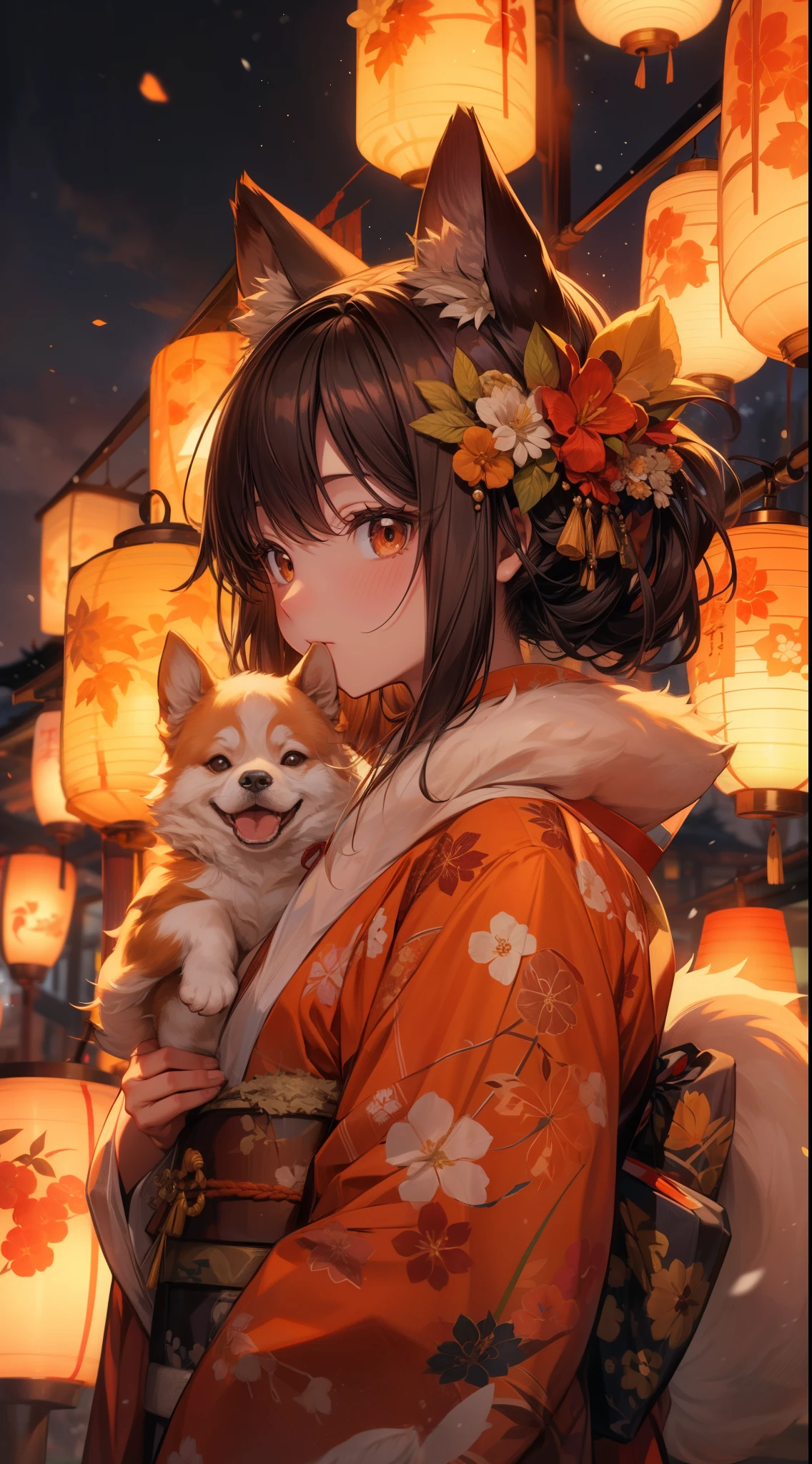 A personified character representing Akita Prefecture, Japan. The character has long, straight hair in a rich auburn color, symbolizing the famous Akita breed dogs and the natural beauty of the region in autumn. The eyes are a warm, golden-brown, reflecting the rich traditions and the harvest season. The character is dressed in a traditional kimono with patterns inspired by Akita's Kanto Festival, where giant lanterns are balanced on poles. The kimono is complemented by a light, elegant haori coat, symbolizing the snowy winters of Akita. Accessories could include motifs like a small Akita dog charm or elements representing rice, as Akita is famous for its rice production. The overall demeanor is calm, gentle, and dependable, reflecting the character of the Akita people and the region's strong cultural heritage. The background hints at the snowy landscapes, rice fields, and the Kanto Festival lanterns. The image should be in a vertical 9:16 format, capturing the full figure of the character.