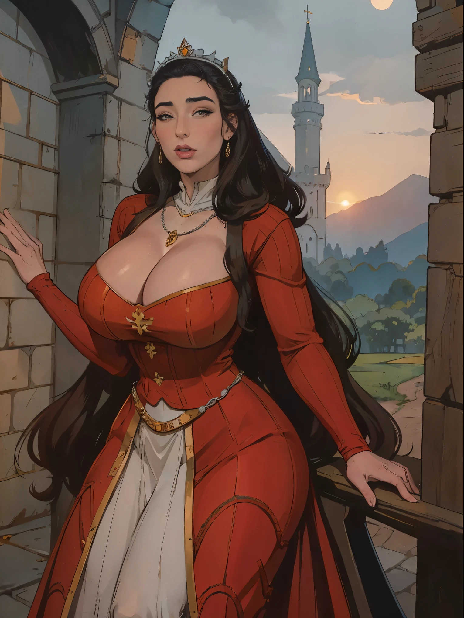 Gorgeous and sultry busty athletic (thin) brunette queen with sharp facial features wearing a modest updo, dark red medieval dress, long sleeves, intricate patterns, scrollwork, wide neck, crown, veil, long dress, modest dress, tight bodice, (silver waist chain), medieval jewelry, Middle Ages, castle, rampart, wall, exterior, on top of a castle wall, trees, countryside, evening, sunset.
