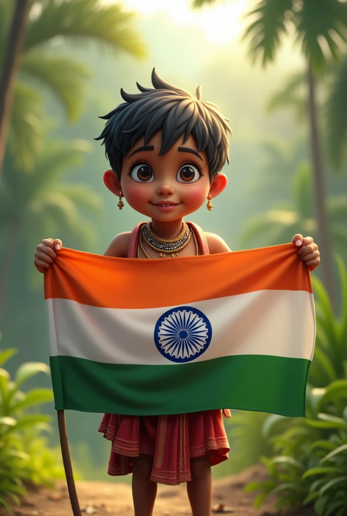 Indian flag an small santhal aadiwasi boy in the hand