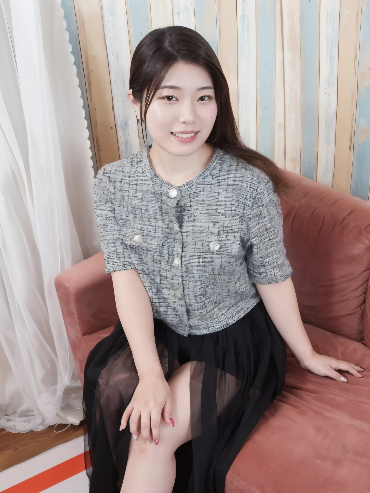 there is a woman sitting on a couch with a skirt on, Chiho, of a youthful japanese girl, reluvy5213, Yoshitomo Nara, japanese model, harumi, of a youthful japanese beauty, taken with canon eos 5 d, taken with canon 8 0 d, narumi kakinouchi