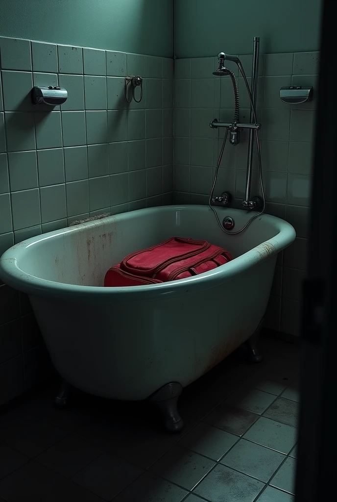 Dark crime scan: in the bathroom tub a red color sport bag in the tub
Please increase bathroom size