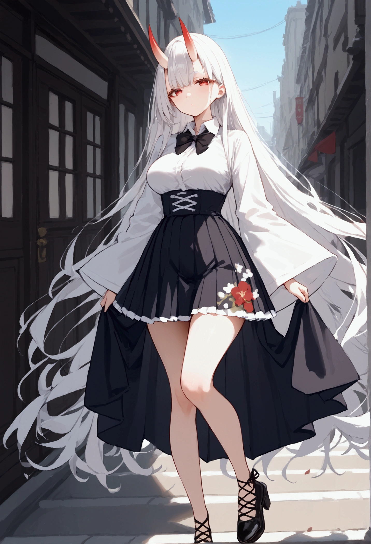 score_9, score_8_up, score_7_up, source_anime, (masterpiece), best quality, expressive eyes, perfect eyes, perfect face, oni girl, oni horns, red eyes, soft lips,  long hair, very long hair, wide hips, (white hair:1.2), (white eyebrows:1), (white eyelashes:1), medium breasts:0.5, higuchi madoka, big breasts:0.3, standing, background: City, white ribbon, black bowtie, white collared shirt, long sleeves,wide sleeves, high-waist skirt, frilled skirt, black skirt, pleated skirt, floral print, cross-laced footwear, black footwear, rudder footwear,