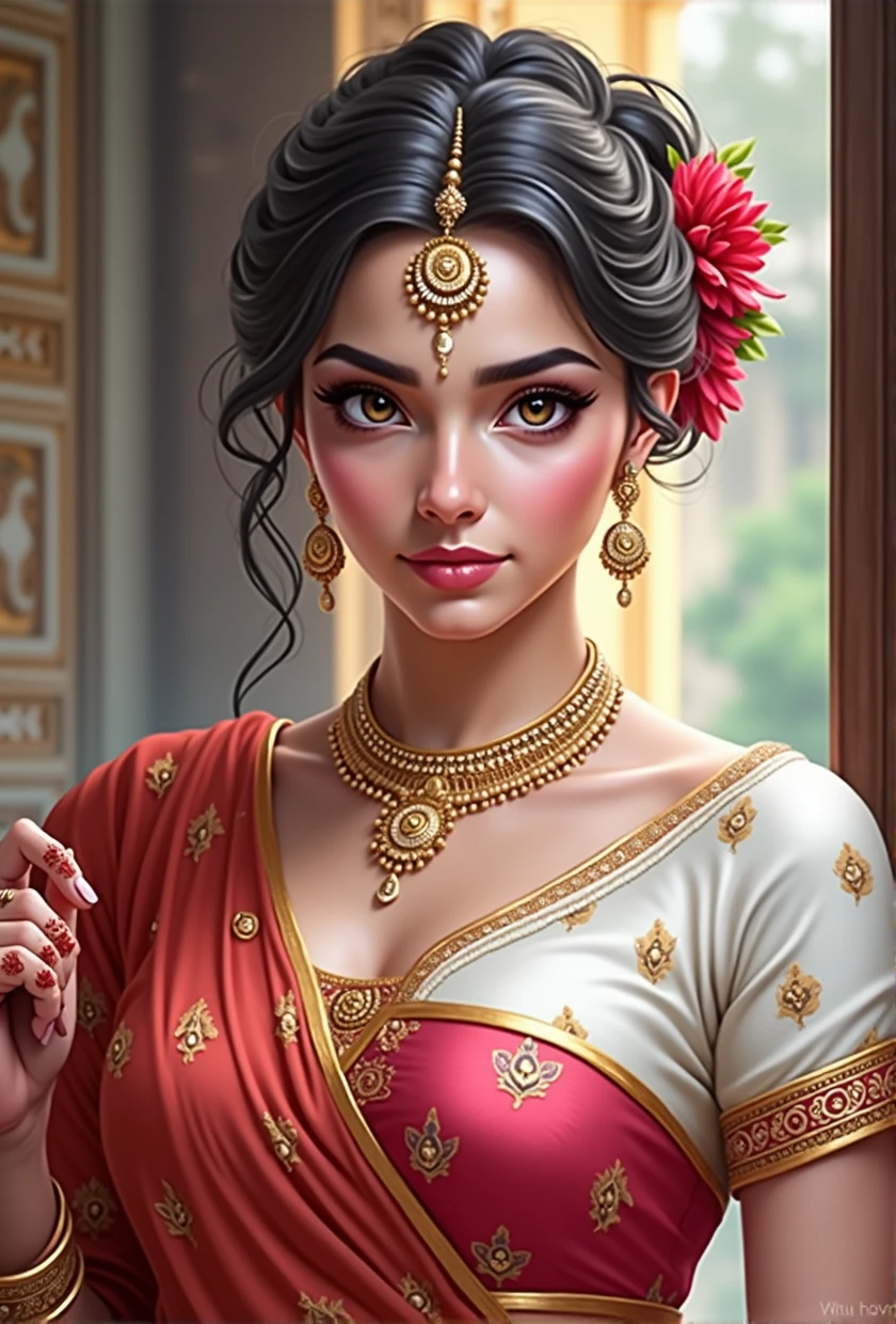 best quality,highres,realistic:1.37)india's most beautiful lady,digital art wonders,princesscore,realistic historical fiction,charming detailed eyes and lips,fierce expression,historical attire,richly embroidered clothing,gold jewelry,dark wavy hair cascading down her back,flowing colorful silk saree,ornate palace in the background,historical architecture,detailed hand gestures,light amber candlelight,soft shadows and highlights,delicate facial features,meticulous attention to detail,subtle nuances of emotion,depth and richness in colors,expressive eyes that convey a sense of longing and strength,royal elegance and regal pose,graceful and confident stance,traditional henna patterns on her hands and feet,dusky complexion that glows in the warm light,realism with a touch of fantasy,impressive artistry,digital brushstrokes,soft and dreamlike ambiance,ethereal beauty,rich cultural heritage,indian independence day and folklore blended with contemporary digital techniques,masterpiece painting,pristine skin complexion,gorgeous traditional makeup,ornamental hair accessories,vibrant colors with a touch of darkness,dark white and light amber color palette,evocative and captivating art that tells a story,attention to historical accuracy while adding a touch of imagination,detailed background with architectural elements and intricate designs,deep emotional connection with the viewer.,big breasts, earrings