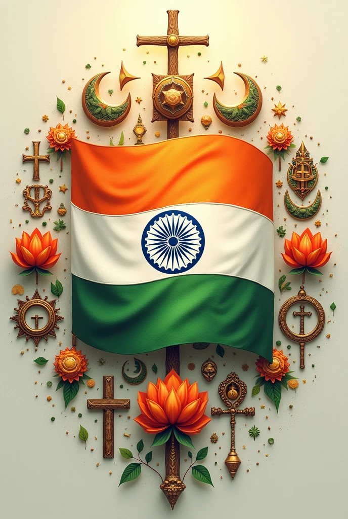 An image of Indian Flag with symbols of different religions around it