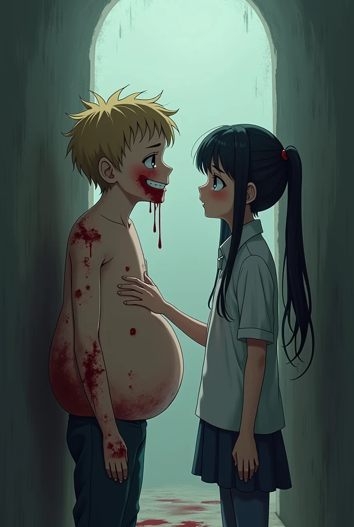 boy, blond, Beautiful inflated body, eyes closed, sad smile, Blood is running from his mouth, all covered in blood and wounds, girl with black long hair braided into a ponytail, crying, Blue eyes, anime art, masterpiece, good quality, An invisible wall separates them, they are trying to place their hands against this wall