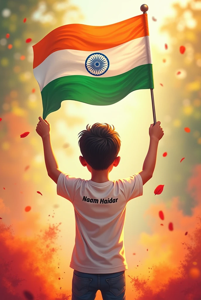 Independence Day white T-Shirt Back Printed Naam Haidar
Tricolour flag in hand, gulal colour all around and a tricolour flag fluttering in front boy for animation