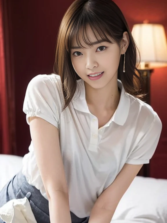 (Masterpiece, Best quality:1.3), (Ultra realistic, Photo-realistic:1.2), Natural light, 28 years old actress, Japanese beautiful 2 women, Neat and clean, (White tennis uniform, White short-sleeve polo shirt with darknavy line collar:1.1), (unbutton:1.3), (White pleated skirt:1.1), white sock, (short wavy hair:1.2), ponytail, (Beautiful faces), Oval face, clear, Beautiful eyes, Kind eyes, Clear skin, Small face, Beautiful mouth, Small mouth, Natural makeup, Approachable, Seductive smile, (Seductive pose:1.2), Beautiful thighs, Bedroom eyes, Embarrassed, Blush, Luxury hotel Suite room, On bed, (nsfw:1.1), obscene girls, (lesbian couple, petting together:1.1), grabbing crotch, erotic hug,