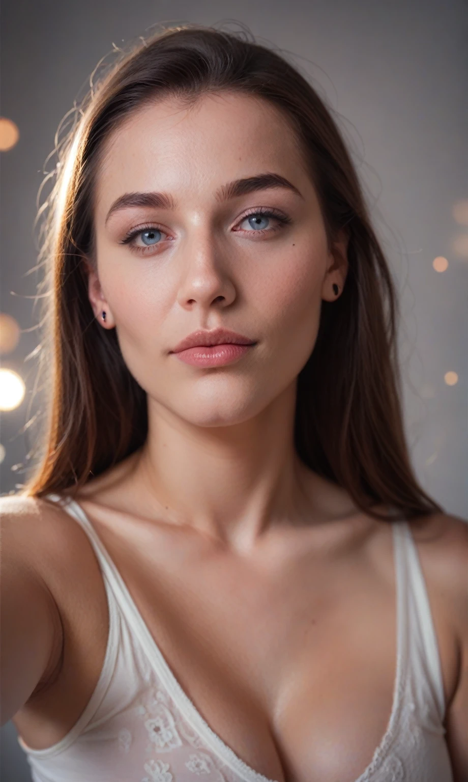 score_9, score_8_up, score_7_up, score_6_up, score_5_up, score_4_up, realistic style, photo, photorealistic, high detail, (sharp), BRAKE, Lana Rhoades , rare angle selfie, depth of field, bokeh, (plain gray background)