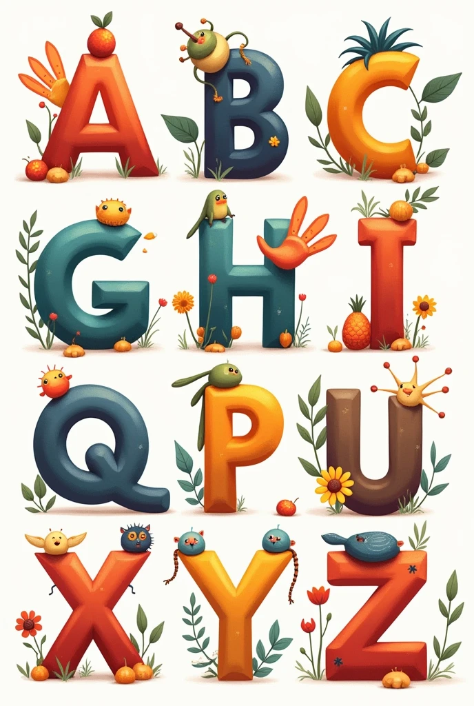 Create an image that features all the alphabet letters, each designed to represent the concept of alphabet learning. The letters should be bold, colorful, and playful, arranged in a visually appealing manner. The image should include corresponding objects or animals that start with each letter, making it both educational and engaging for children. The overall design should be vibrant and eye-catching, ideal for young learners."
